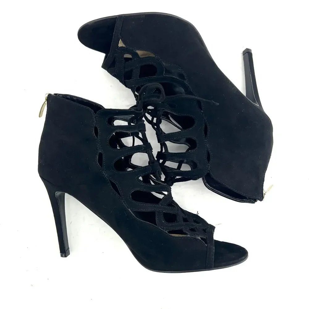 Marc Fisher (10) Urbana Black Faux Suede Lace Up Caged Stiletto Ankle Booties - Picture 2 of 11
